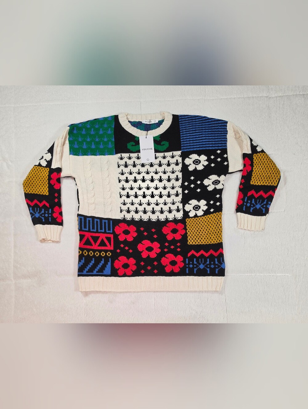 Touche Multicolor Patchwork Crewneck Sweater - Floral & Cable Knit(FAI-01)
